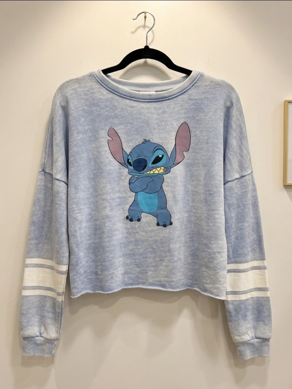 Disney Stitch Blue Cropped Sweatshirt Varsity Stripe Long Sleeve Women's